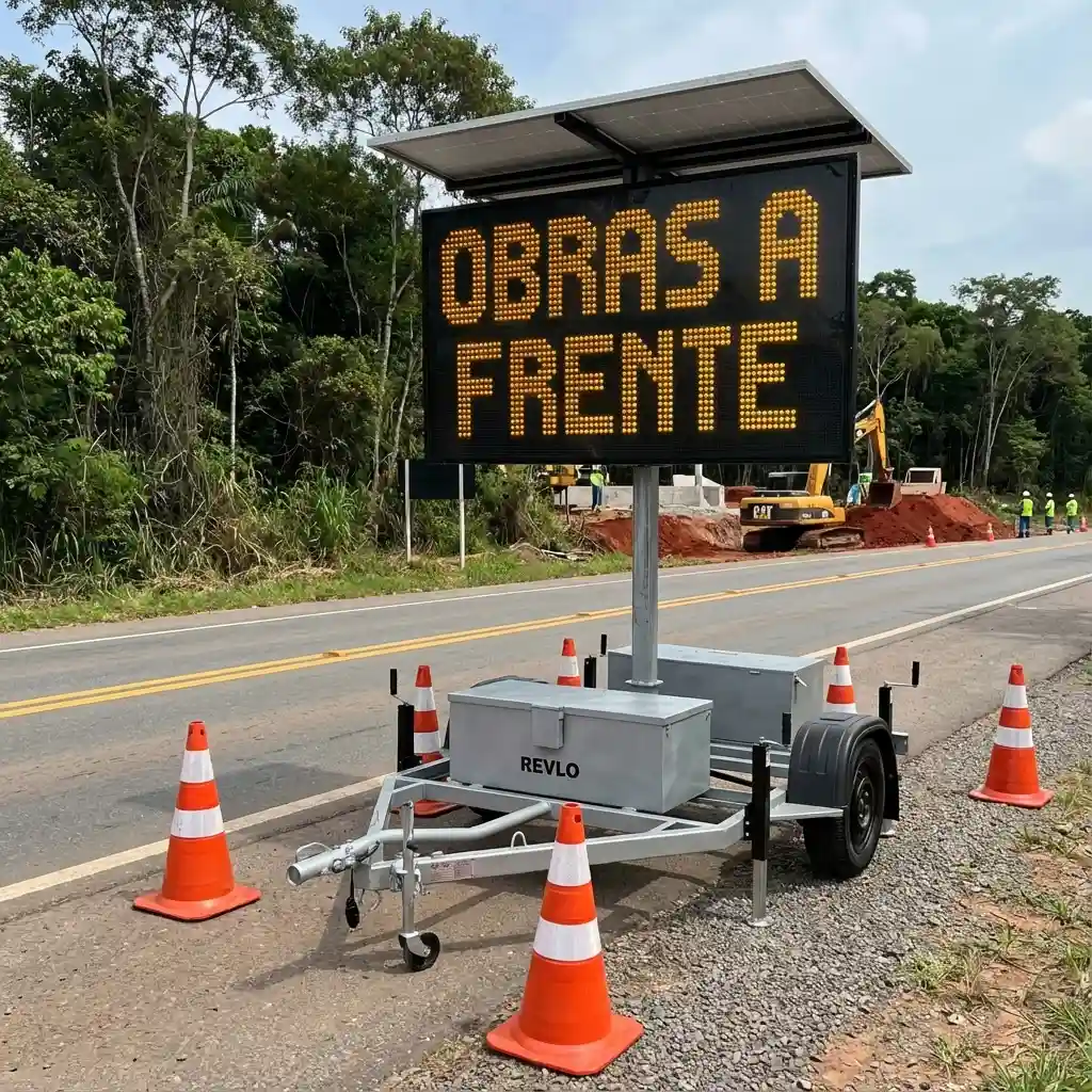 Painel de Mensagem Variável REVLO em rodovia exibindo OBRAS A FRENTE